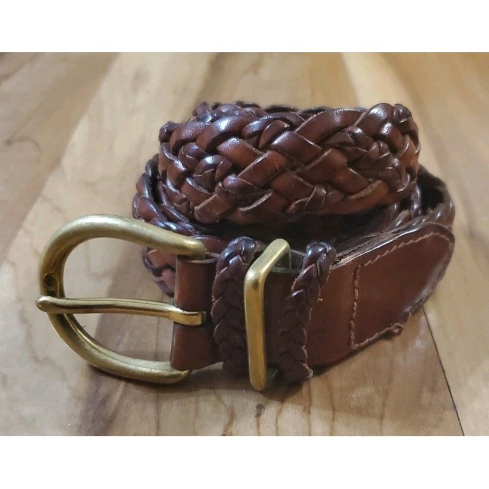 Talbots Womens Belt Sz S Genuine Leather Braided Woven Solid Brass Brown Boho